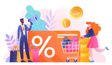 Sadakat kartı konsepti. İndirim, promosyon, reklam ve özel teklif. Sadakat programı puanları kazan, müşteriler için özel teklif. Hediye çeki ve kupon. Çizgi film düz vektör çizimi