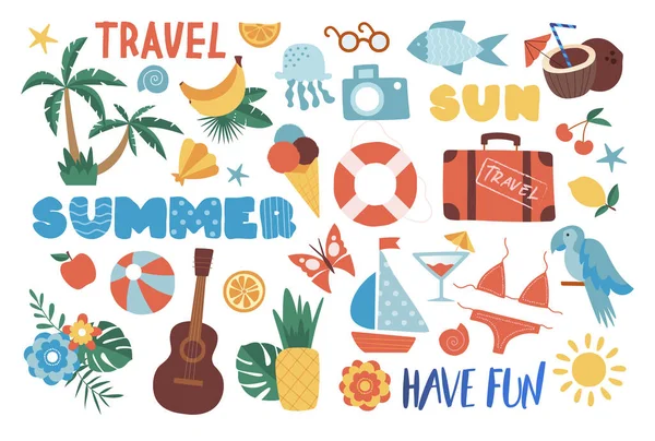 夏のステッカーセット パームツリー バナナ ギター 熱帯およびエキゾチックな国での休日や休暇 水着とスーツケース 白い背景に隔離された漫画の平らなベクトルのイラスト — ストックベクタ