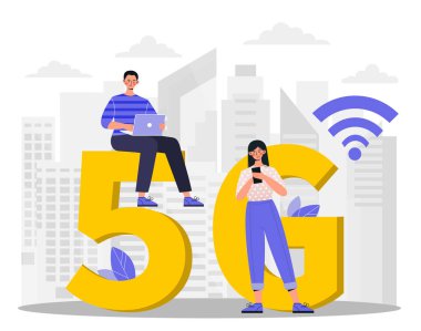 5G konsepti olan insanlar. Kablosuz bağlantı ve internet. Dizüstü bilgisayarı olan bir adam ve büyük sarı harflerin yanında akıllı telefonu olan bir kadın. Şehir altyapısı. Çizgi film düz vektör çizimi