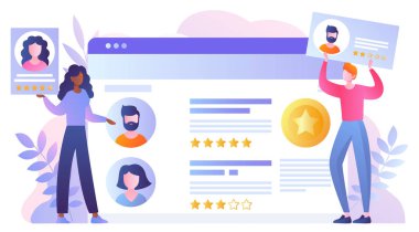 Boş iş kavramı. İK yöneticileri adayları boş yer var mı diye kontrol ediyor. Serbest çalışanların portföylerine bak. Sıralama ve derecelendirme. Eleman arayan kelle avcıları. Çizgi film düz vektör çizimi