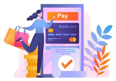 Çevrimiçi bankacılık kavramı. Elinde paketler ve bozuk paralar olan kadın banka kartlı akıllı telefon ekranının yanında. Çevrimiçi alışveriş ve ekommerce. İnternetten para transferleri ve işlemler. Çizgi film düz vektör çizimi