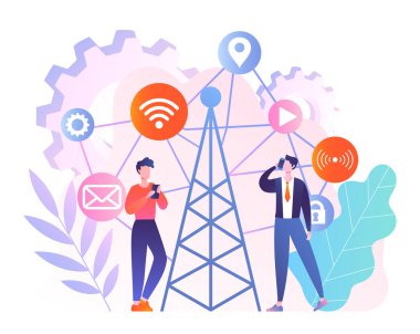 Telsizin yanındaki adamlar. Kablosuz internet, 5G. Modern teknolojiler ve dijital dünya, siber uzay. Çevrimiçi iletişim ve bağlantı. Şehirde aletleri olan adamlar. Çizgi film düz vektör çizimi