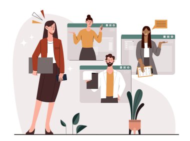 Takım lideri konsepti. Takım elbiseli kadın, video iletişimiyle ortaklarıyla iletişim kuruyor. Uzaktan çalışan ya da serbest çalışan. Verimli iş akışı ve toplantı. Çizgi film düz vektör çizimi