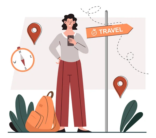 Concept Voyage Femme Avec Smartphone Tient Regarde Boussole Navigation Géolocalisation — Image vectorielle
