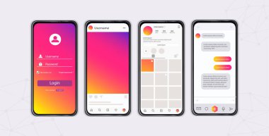Telefondaki sosyal medya uygulaması. Akıllı telefon, mobil uygulamalar ve programlar için çerçeve tasarımını düzenle. Arayüz, UI ve UX. Gri arkaplanda izole edilmiş çizgi film düz vektör çizimleri