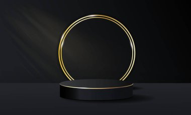 Siyah 3 boyutlu silindirik kaide. Kozmetik ürünlerin ve ürünlerin sunumu için aşama. Pazarlama ve reklam. Podyum, vitrin, platform ve sahne. Gerçekçi izometrik vektör çizimi