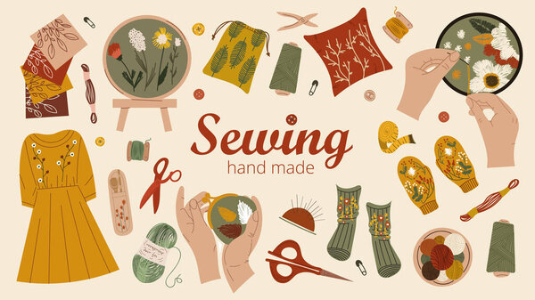 Sewing items set. Collection of inventory for needlework and sewing. Dresses, embroidery, needles and threads. Scissors and pincushion. Cartoon flat vector illustrations isolated on beige background