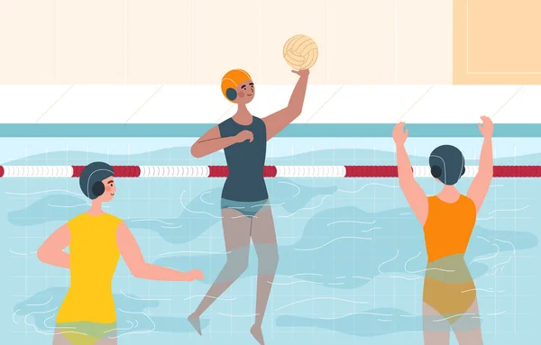Wasserballkonzept Jungen Und Mädchen Badeanzügen Spielen Schwimmbad Mit Ball Aktiver — Stockvektor