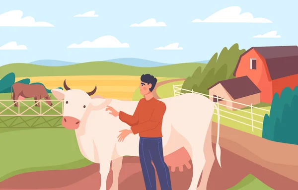 Сельхозработник Скот Человек Стоит Ферме Рядом Большой Белой Коровой Молодой — стоковый вектор