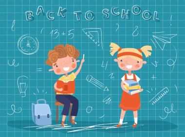 Okula dönelim. Yeşil tahtanın yanında pastel boyalı kalemleri olan kız ve erkek rakamlar ve harfler yazıp, matematik denklemlerini çözüyorlar. Eğitim ve eğitim, 1 Eylül bayrağı. Çizgi film düz vektör çizimi