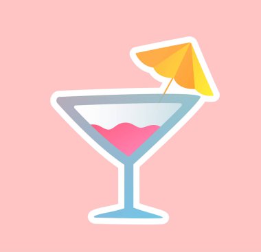 Kokteyl etiketi konsepti. Soda ya da meyve suyu, soğuk alkollü içecek. Yaz mevsiminin ve sıcak havanın sembolü. Tatil için içecek ve pembe sıvı. Çizgi film düz vektör çizimi