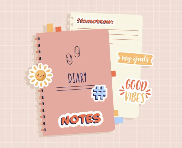 Cuaderno Diario Lugar Para Notas Hermosos Cuadernos Con Marcadores Clips — Vector de stock