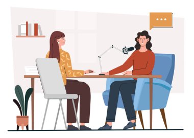 Röportaj anlayışı. Genç kız mikrofonun önünde kadınlara sorular sorar. Ünlü karakterli bir gazeteci..