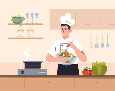 Sebzeli şef. Adam mutfakta salata hazırlıyor. Tabağında taze sebzeler olan genç bir adam. Sağlıklı beslenme ve vejetaryen diyeti. Önlük giyen bir karakter. Çizgi film düz vektör çizimi