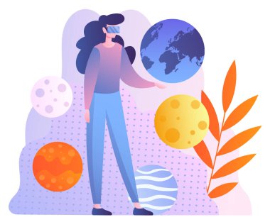 VR gözlüklü kadın. Sanal gerçeklik, hayal gücü ve fantezi. Öğrenmek ve oynamak için aleti olan genç bir kız. Yenilikler ve modern teknolojiler. Çizgi film düz vektör çizimi