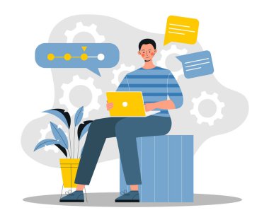 Adım adım doldurma konsepti. Dizüstü bilgisayarı olan adam web sitesine girip kendisi hakkında bilgi ekler, profil ya da hesap doldurur. Kayıtlar internette. Çizgi film düz vektör çizimi