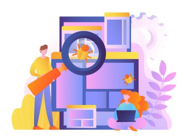 Böcek arayan kadın ve erkek. Programcılar ve bilişim uzmanları kodlarda hatalar arar, programlar ve uygulamalar geliştirirler. Kullanıcı deneyimi, virüs koruması. Çizgi film düz vektör çizimi