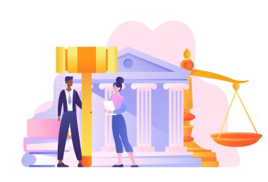 Adalet kavramı. Büyük yargıçları olan kadın ve erkek mahkeme binası önünde tokmak ve altın pullar. Girişimci avukatı ve danışmanı yasal tavsiyelerde bulunuyor. Çizgi film düz vektör çizimi