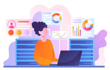 Veri üssü yöneticisi. Grafiklerin ve grafiklerin arka planında dizüstü bilgisayarı olan bir kadın. Programcı ve bilişim uzmanı veriler ve bilgi grafikleri üzerinde çalışıyor. İstatistiksel görselleştirme. Çizgi film düz vektör çizimi