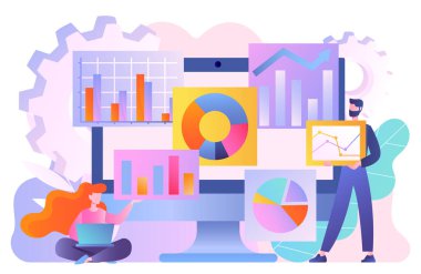 Veri analiz konsepti. Dizüstü bilgisayarı olan kadın ve erkek grafikleri, şemaları ve çizelgeleri analiz eder. Pazarlama araştırması ve beyin fırtınası. Bilgi grafikleri ve veri görselleştirmesi. Çizgi film düz vektör çizimi