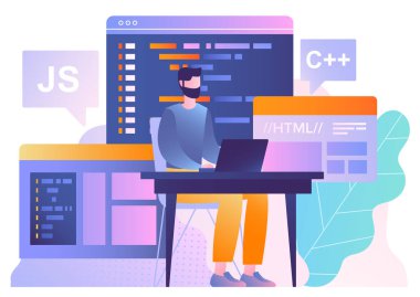 Şifreli adam. Adam internet sitesi için kod yazıyor, program veya mobil uygulama geliştiriyor, yazılım geliştiriyor. İş yerinde bilişim uzmanı ve programcı. Proje üzerinde çalışan geliştirici. Çizgi film düz vektör çizimi