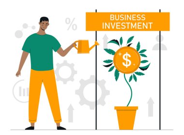 İş yatırımı konsepti. Sulama tenekesi olan adam parayla bitkinin yanında. Yatırım ve ticaret. Finansal okuryazarlık ve pasif gelir. Başarılı bir tüccar ya da yatırımcı. Çizgi film düz vektör çizimi