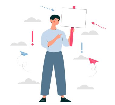 Pankart konsepti olan adam. Metin ve sunumlar için yer. Genç adam tabelayla ayakta duruyor. Protesto ve ralli. Boş ve boş tahtayı gösteren karakter. Çizgi film düz vektör çizimi