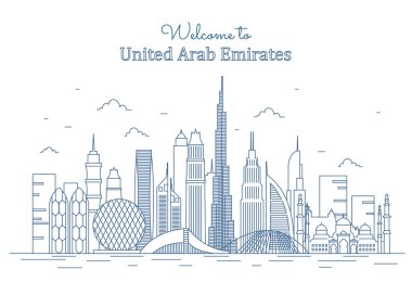 Birleşik Arap Emirlikleri hattı. Modern binalı şehir manzarası, gökdelenli panorama. Seyahat ve turizm. Web sitesi afişi ya da afişi. Çizgi film düz vektör çizimi