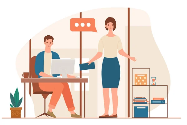 People at work concept. Man and woman in office, boss subordinate. Colleagues working on common project, coworking. People working on computer and talking together. Cartoon flat vector illustration