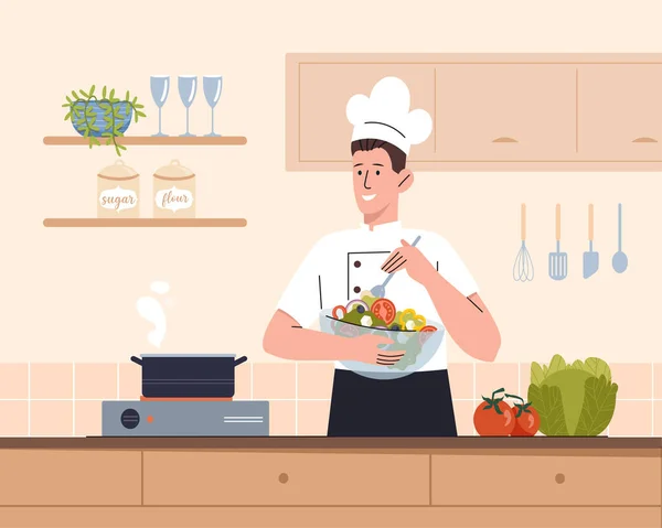 野菜とシェフ キッチンでサラダを準備する男 プレートに新鮮な野菜を持った若者 健康的な食事とベジタリアンダイエット エプロンを着ているキャラクター 漫画フラットベクターイラスト — ストックベクタ