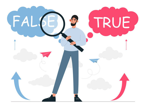 True and false concept. Man with magnifying glass checks information. Analysis of news from media. Character thinking or comparing between myth and fact. Cartoon flat vector illustration