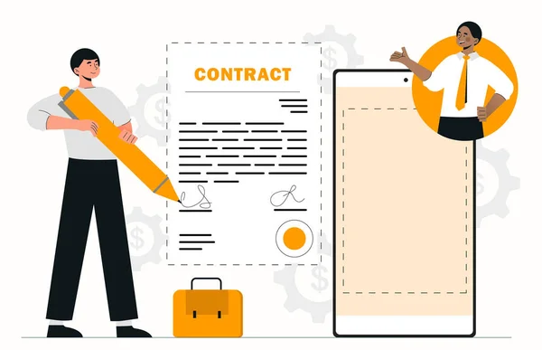 Man Electronic Contract Young Guy Large Pencil Screen Smartphone Document — Stock Vector