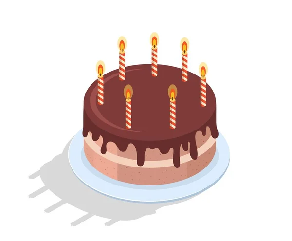Pastel Chocolate Con Velas Regalo Para Cumpleaños Aniversario Boda Menú — Vector de stock