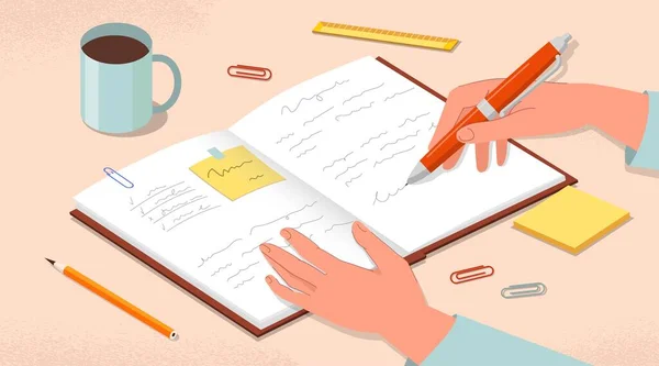 個人的日記コンセプト 女性はペンでノートブック 記憶で目標を書きます 仕事や教育プロセスのモチベーションと組織 漫画フラットベクターイラスト — ストックベクタ