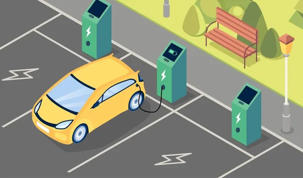 Elektrikli Araba Şarjı Benzin Istasyonunda Sarı Taşıma Çevreye Önem Vermek — Stok Vektör