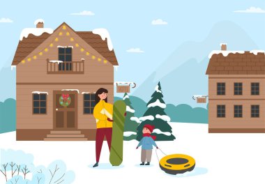 Winter Resort Oteli. Yeşil tahtalı bir kadın ve sokakta duran şişme lastik tekerlekli bir çocuk. Yılbaşı ve Noel. Anne ve oğlu dışarıda birlikte vakit geçiriyorlar. Çizgi film düz vektör çizimi