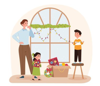 Noel için evi dekore ediyorum. Çelenkleri ve oyuncak balonları olan mutlu bir aile. Baba ve çocuklar yeni yıl atmosferi yaratıyor. Tebrik kartı için tasarım ögesi. Çizgi film düz vektör çizimi