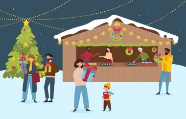 Noel pazarı konsepti. Çocuklu erkekler ve kadınlar hediyeler ve sürprizler alır, tatlım. Karakterler daire için dekorasyon satın alıyor. Kış tatili ve yeni yıl. Çizgi film düz vektör çizimi