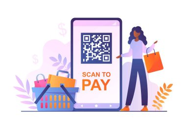 Ödenecek kodları tara. Akıllı telefonu olan bir kadın market alışverişini ve online alışverişi karşılıyor. Ekranda meyve, sebze ve QR kodu olan sepetin yanında duran genç kişi. Çizgi film düz vektör çizimi