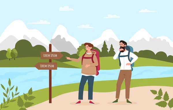 ハイキングの観光客 バックパックを持つ男性は道路に立って 標識を読み 森の観光客 キャンプやアクティブライフスタイル 旅と旅について グループコンセプトの追跡 漫画フラットベクターイラスト — ストックベクタ