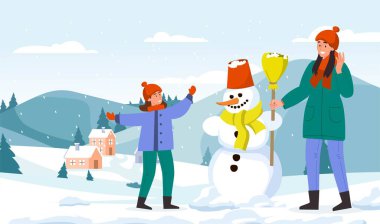 İnsanlar kardan adam yapar. Anne ve oğlu birlikte vakit geçiriyorlar. Kış aktiviteleri ve boş vakitler. Noel ve Yeni Yıl. Kartpostal tasarımı. Çizgi film düz vektör çizimi