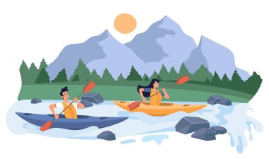 Kanolar üzerinde rafting. Erkek ve kadın doğada dinleniyor, nehirde yüzüyorlar ormanların, dağların, kayaların arkasında. Aktif yaşam tarzı ve ekstrem spor. Çizgi film düz vektör çizimi