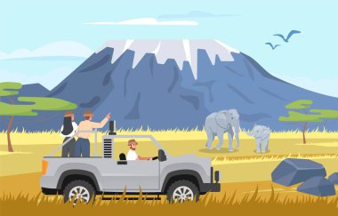 Safariye çıkan insanlar. Arabadaki erkek ve kadın ve jip, Afrika savanasından geçiyor ve tropik ve egzotik hayvanlara bakıyorlar. Filleri izleyen turistler. Çizgi film düz vektör çizimi