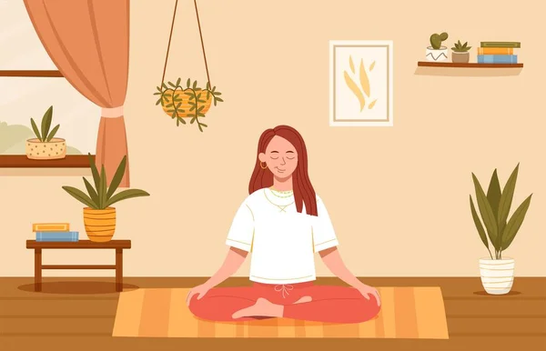 Woman Meditating Home Young Girl Sits Lotus Position Controls Breathing — Stock Vector