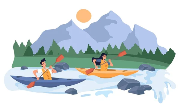 Rafting Kayaks Hombre Mujer Descansando Naturaleza Flotando Río Abajo Sobre — Vector de stock