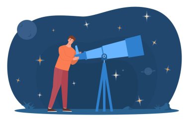 Teleskoplu bir astronom. İnsanoğlu yıldızlara bakar, evrenleri ve galaksileri inceler. Yıldızları izleyen genç bir bilim adamı. Dışarıda duran ve gökyüzüne bakan bir adam. Çizgi film düz vektör çizimi