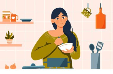 Evde yemek pişiren bir kadın. Kaşık ve tabakla yemek hazırlayan genç bir kız. Acemi aşçı, ev işleri. Ev yapımı ve lezzetli ürünler. Çatal bıçaklı ev hanımı. Çizgi film düz vektör çizimi