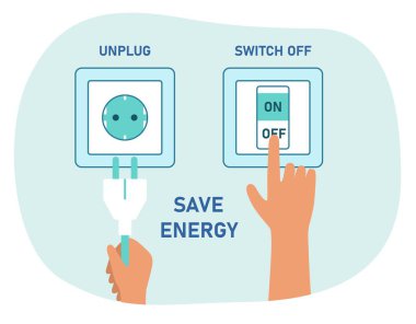 Enerji tüyoları biriktiriyorum. Verimli elektrik kullanımı ve kapatılan prizler. Ev ve evdeki aletlerin fişini çek ve ışıkları kapat. Enflasyon ya da ekonomik durgunluk etkisi. Çizgi film düz vektör çizimi