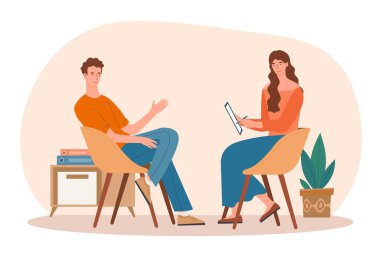 Psikolog hastayı dinliyor. Elinde kalem ve defter olan kadın, erkek hakkında yazılar yazıyor. Ruh sağlığı, psikolojik yardım ve destek. Danışmanlık ve tavsiye. Çizgi film düz vektör çizimi