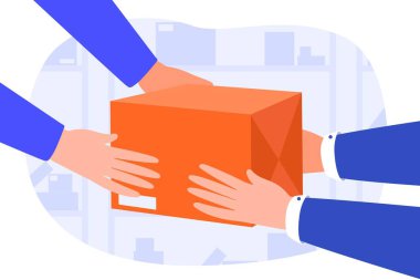 Kurye kutusu. Karakter bir başkasına paket verir. Ekspres ev teslimatı ve online alışveriş metaforu, posta. Müşteri posta servisinden paket alıyor. Çizgi film düz vektör çizimi